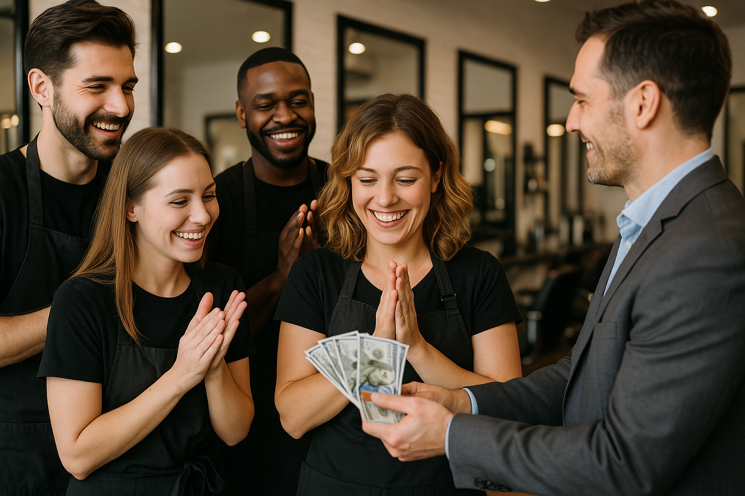 Um homem de terno entrega várias notas de dólar americano a uma mulher sorridente que está de pé com outras três pessoas. O grupo, vestido com uniformes pretos, parece feliz e está batendo palmas dentro de um salão de beleza ou espaço de trabalho moderno.
