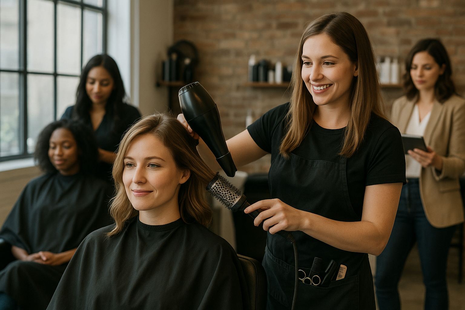 Um cabeleireiro seca o cabelo de uma mulher com uma escova redonda em um salão de beleza. Outro cabeleireiro trabalha com uma cliente ao fundo, enquanto uma mulher está próxima segurando um tablet.