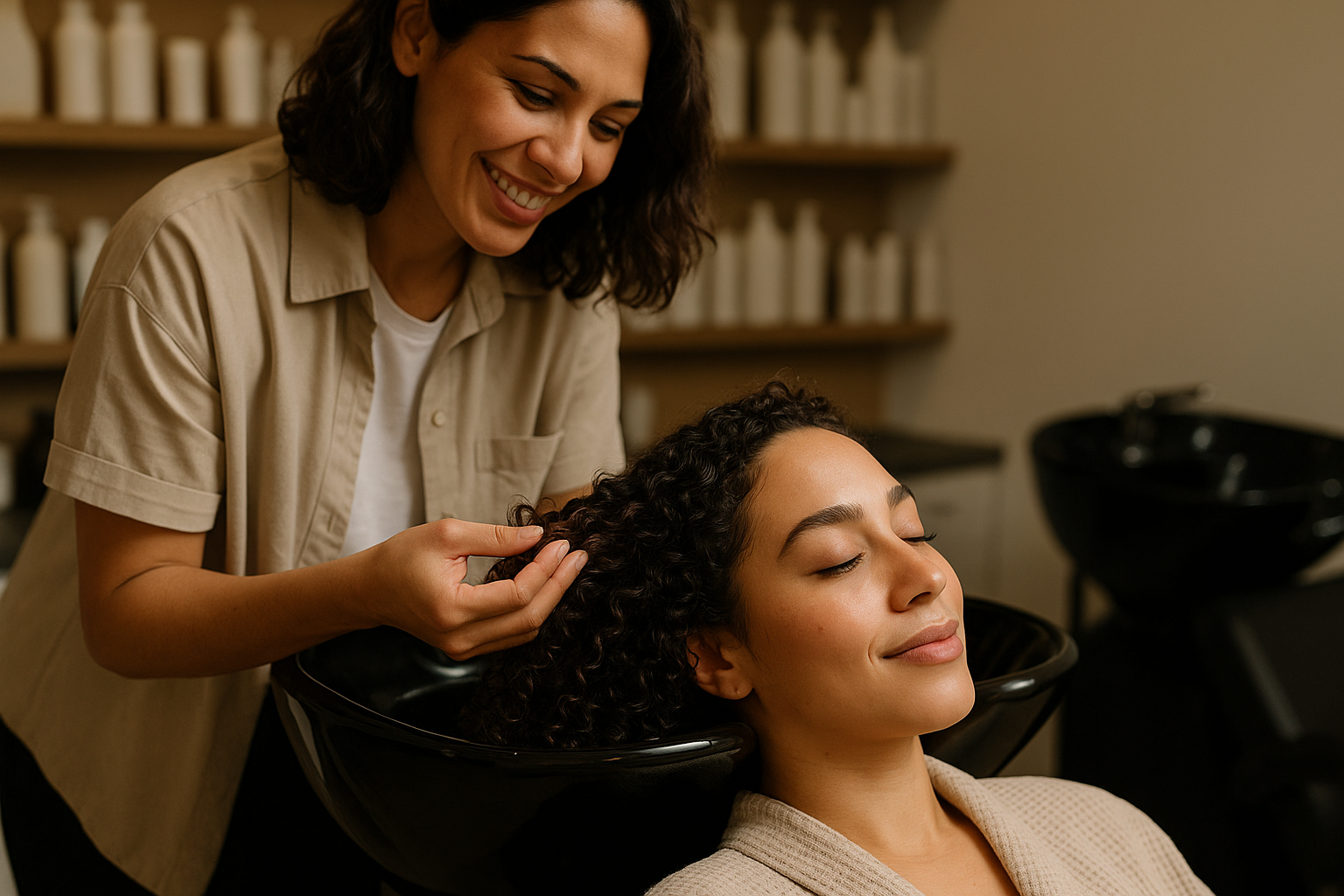 Uma pessoa reclina-se com os olhos fechados na pia de um salão de beleza enquanto outra pessoa fica atrás, sorrindo e segurando gentilmente seções do cabelo molhado da pessoa. Prateleiras com frascos são visíveis ao fundo.