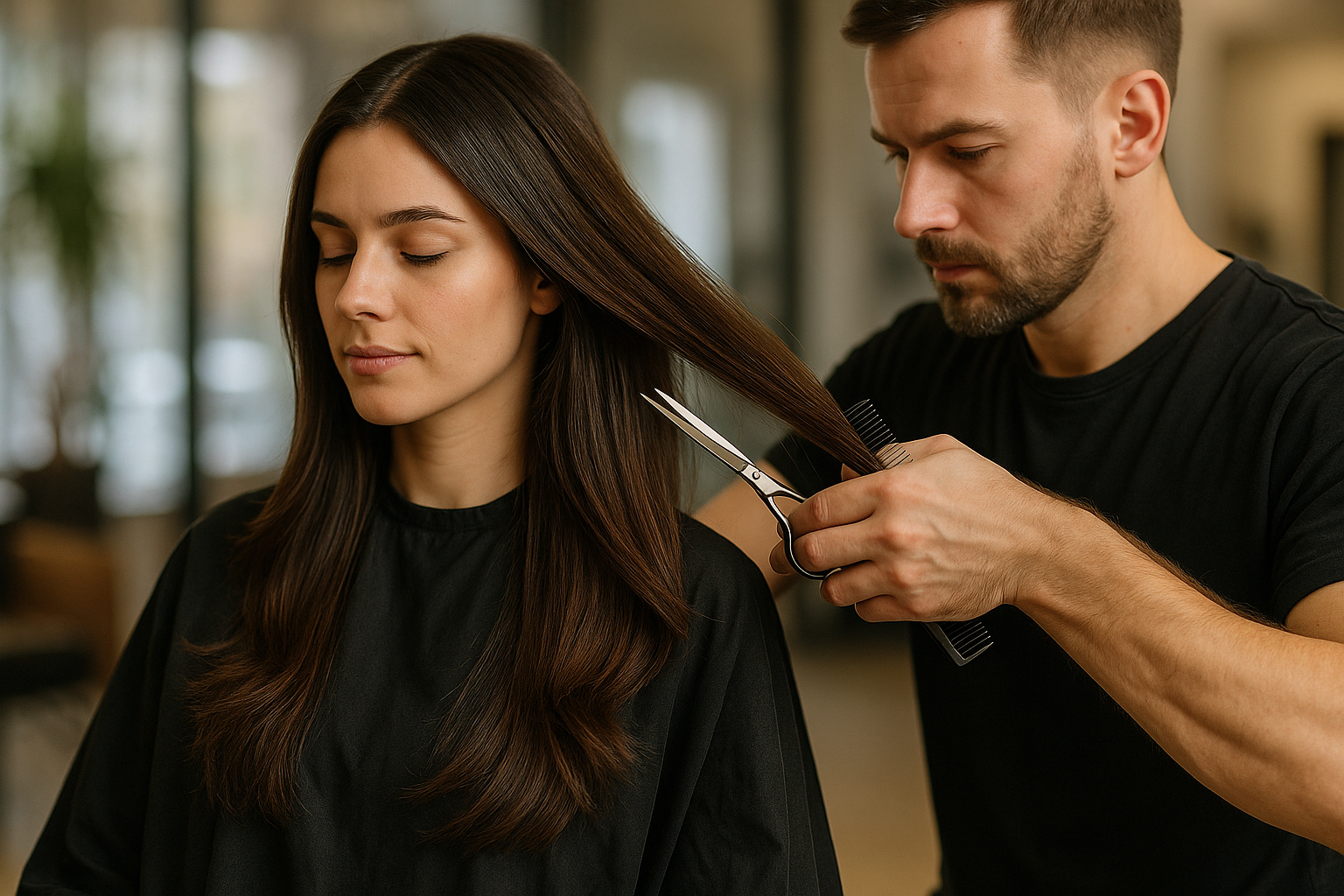 Uma mulher com longos cabelos castanhos senta-se com os olhos fechados enquanto um cabeleireiro de camisa preta apara seus cabelos com uma tesoura e um pente em um salão de beleza.