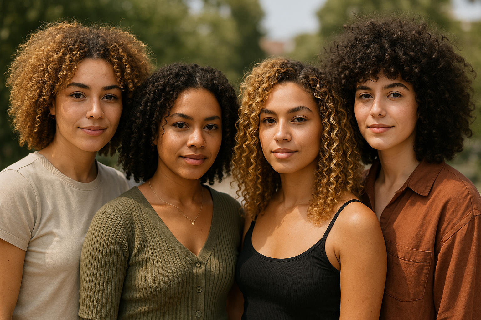 Quatro mulheres jovens com cabelos cacheados estão juntas ao ar livre, olhando para a câmera. Elas usam blusas casuais em tons neutros, e as árvores são visíveis desfocadas no plano de fundo.