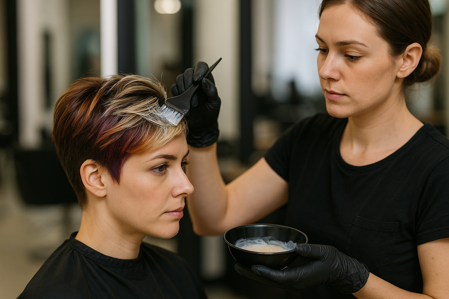 Um cabeleireiro aplica tintura de cabelo com um pincel em um cabelo curto de uma cliente sentada. Ambos estão vestindo roupas pretas, e o cabeleireiro está segurando uma tigela de tinta. O fundo do salão está fora de foco.