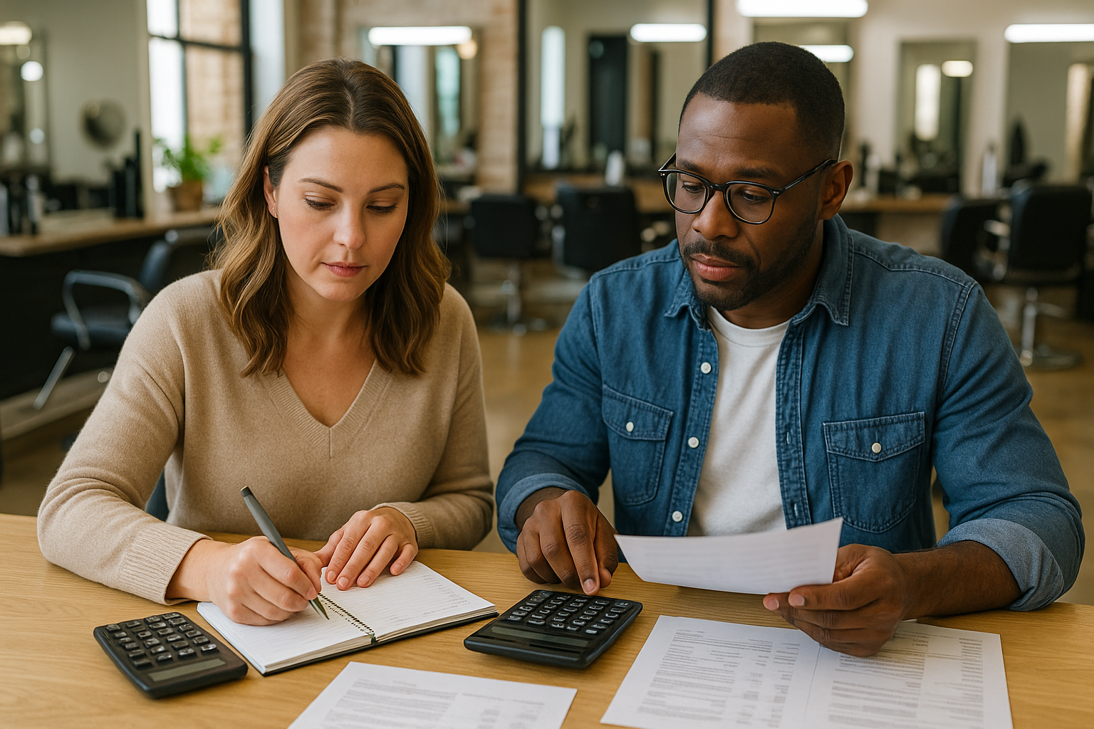 Duas pessoas se sentam em uma mesa com documentos, calculadoras e um caderno. Uma pessoa escreve no caderno enquanto a outra segura uma folha de papel e aponta para ela. Ambas parecem estar trabalhando juntas nos cálculos.