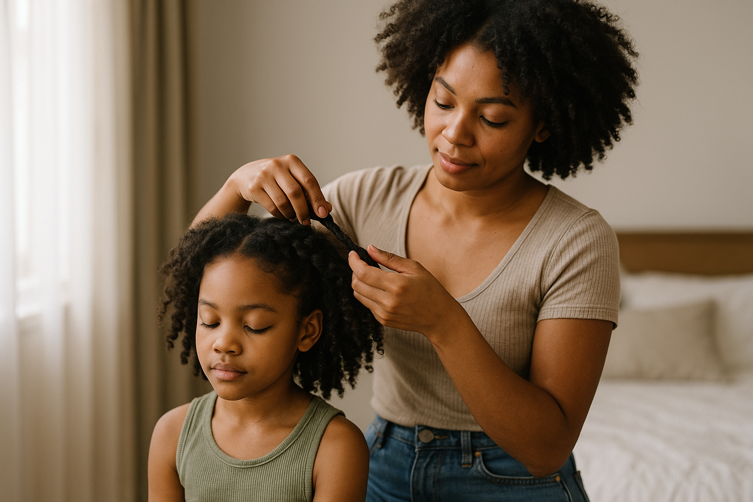 Um adulto vestindo um top bege está trançando o cabelo de uma criança que está sentada com os olhos fechados. Elas estão dentro de casa, em um quarto com uma cama feita e cortinas claras ao fundo.