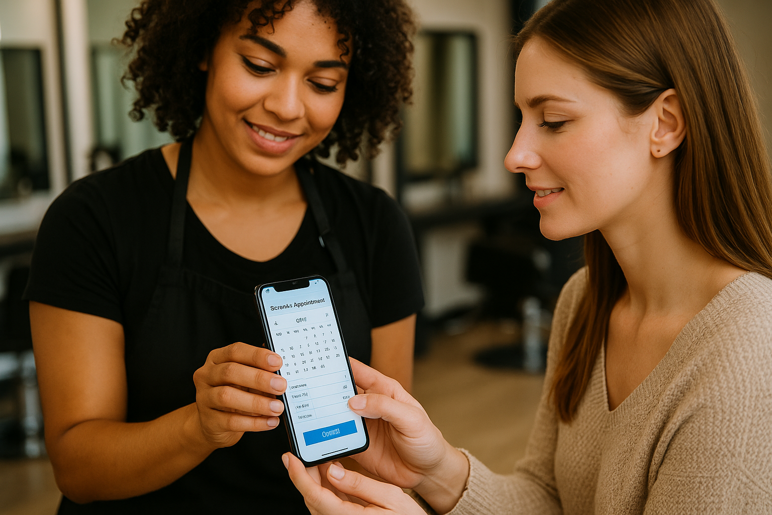 Duas mulheres olham para um smartphone que exibe um aplicativo de calendário. Uma mulher segura o telefone enquanto a outra aponta para a tela. Elas parecem estar agendando um compromisso em um ambiente interno bem iluminado.