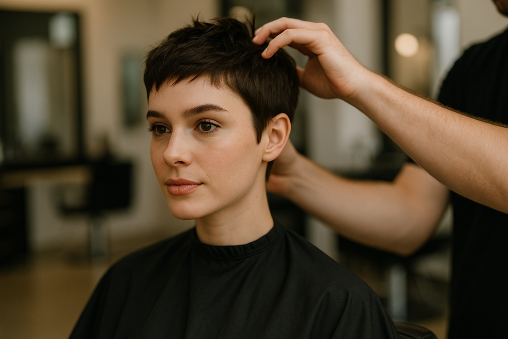 Uma pessoa com cabelo castanho curto senta-se em uma cadeira de salão, usando uma capa preta, enquanto um cabeleireiro ajusta seu cabelo. O interior do salão é visível no fundo desfocado.