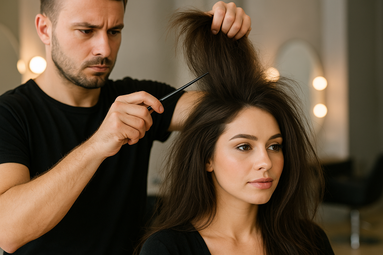 Um cabeleireiro de camisa preta levanta seções do longo cabelo castanho de uma mulher com um pente enquanto ela está sentada em uma cadeira de salão, olhando para frente. Luzes brilhantes do salão e espelhos são visíveis ao fundo.