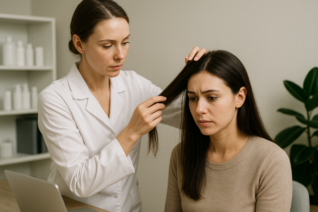 Um profissional de saúde de jaleco branco examina o couro cabeludo de uma mulher preocupada, com longos cabelos escuros, em um consultório médico. A mulher se senta enquanto o profissional separa seu cabelo, observando-a atentamente.