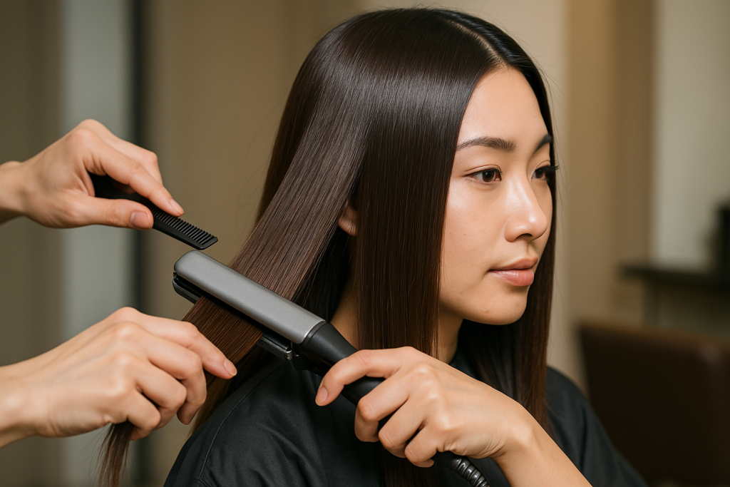 Uma pessoa com cabelos escuros longos e lisos está penteando o cabelo. Uma mão segura um pente e a outra usa uma chapinha para alisar o cabelo. O plano de fundo está fora de foco, indicando um ambiente de salão de beleza.