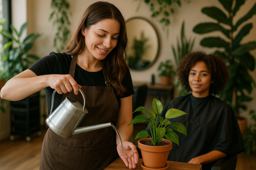 Uma mulher de avental marrom rega um vaso de planta com um regador de metal enquanto outra mulher de cabelos cacheados senta-se em uma cadeira de salão ao fundo. A sala tem várias plantas verdes e iluminação quente.