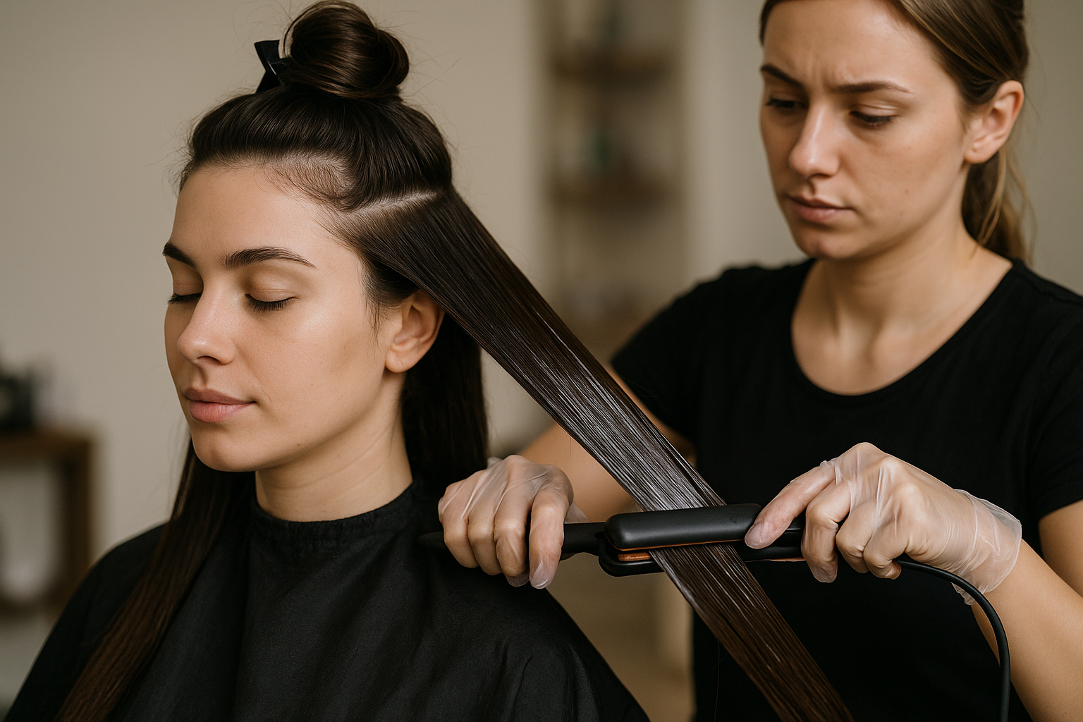 Um cabeleireiro usando luvas usa uma chapinha para alisar uma seção do longo cabelo castanho de uma mulher. A mulher, vestida com uma capa preta, tem os olhos fechados e parte do cabelo preso.