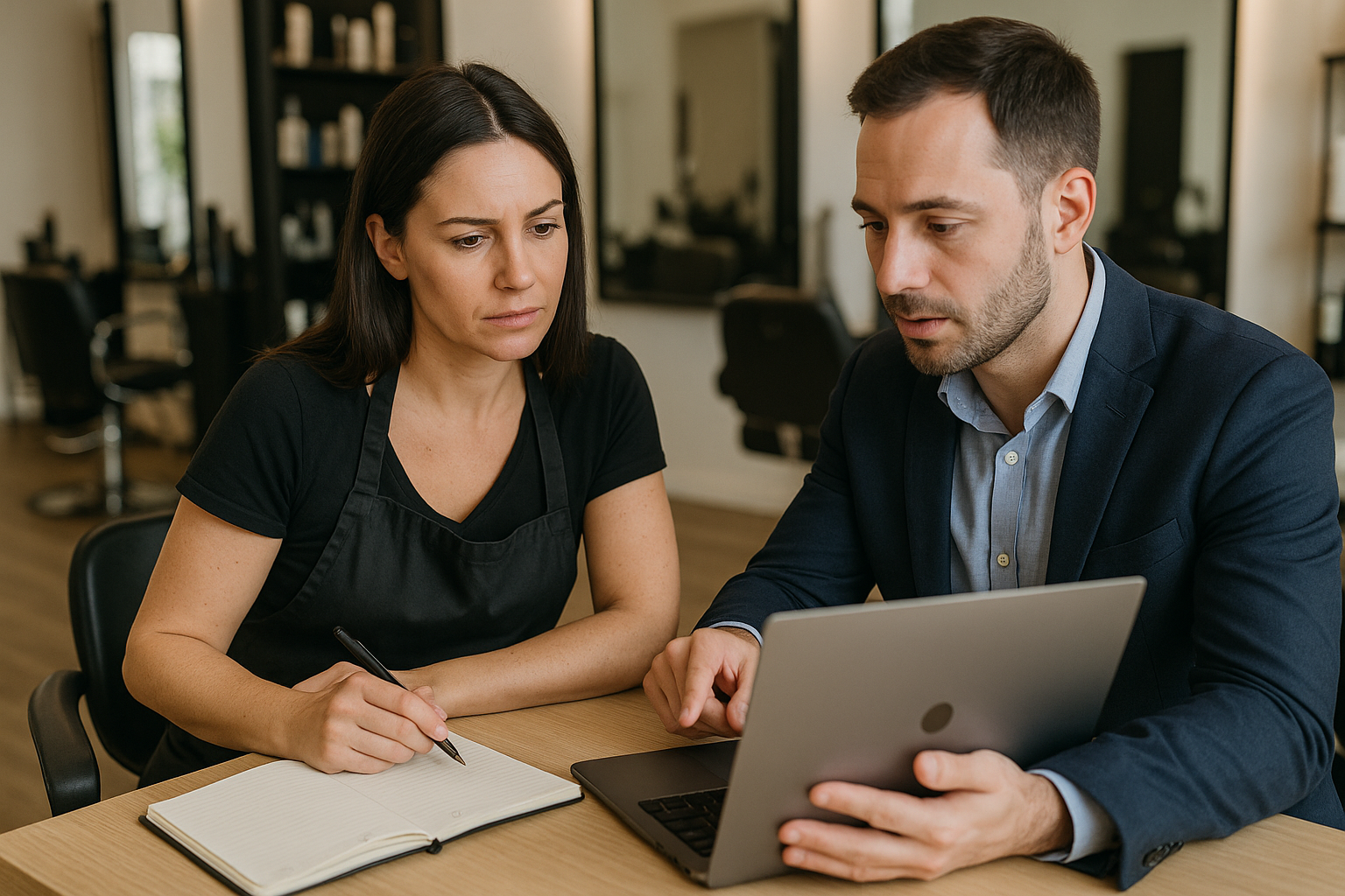 Uma mulher usando um avental preto escreve em um caderno enquanto ouve um homem de terno que lhe mostra algo em um laptop. Eles estão sentados em uma mesa em um salão com espelhos e cadeiras visíveis ao fundo.