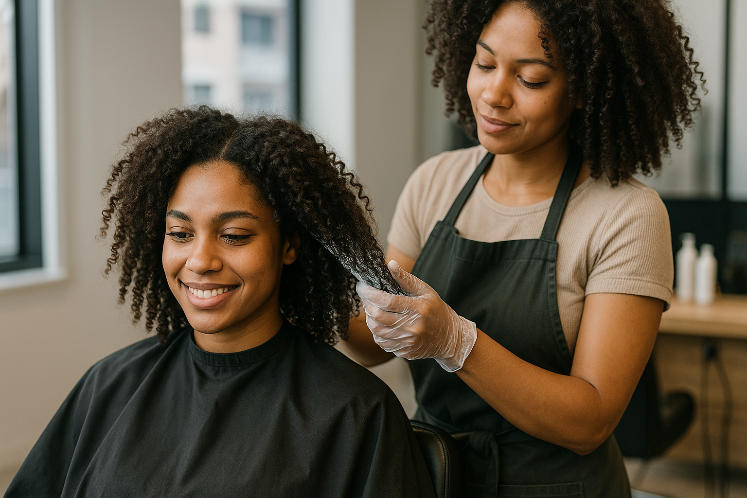 Um cabeleireiro usando luvas e avental está aplicando produtos no cabelo cacheado de uma cliente sorridente em um salão bem iluminado. A cliente está sentada e coberta com uma capa preta.