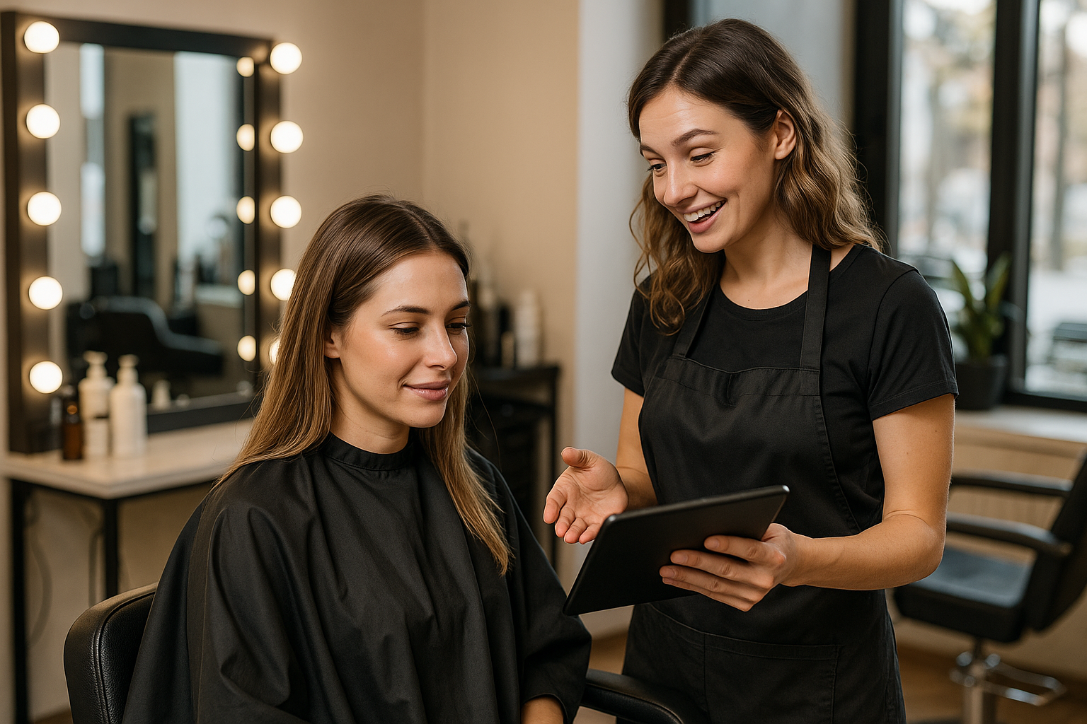 Uma cabeleireira segurando um tablet conversa com uma cliente sentada em uma cadeira de salão. As duas mulheres estão usando capas ou uniformes pretos. O salão tem um espelho iluminado e produtos para cabelo no balcão ao fundo.