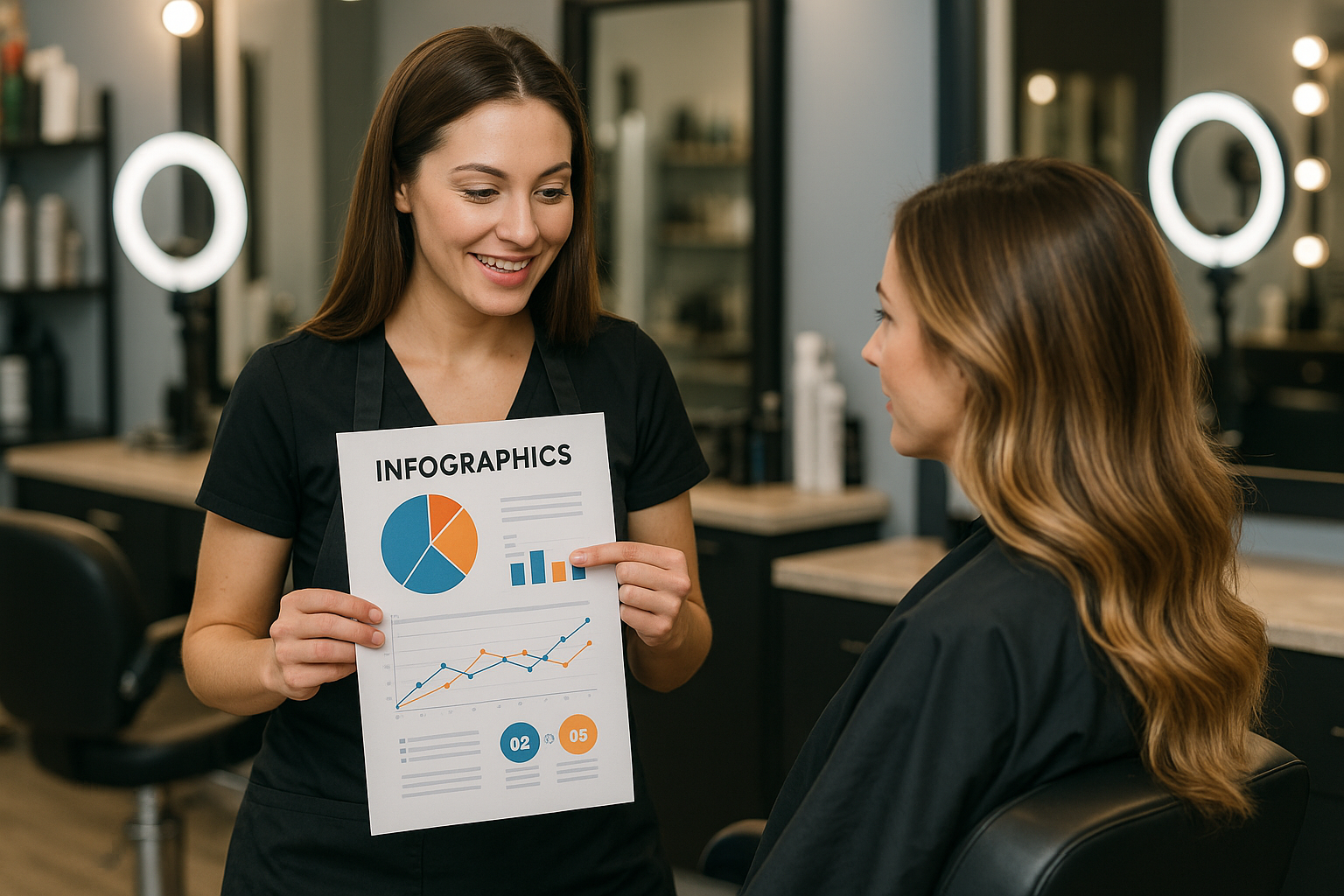 Uma mulher em trajes pretos de salão segura e explica um gráfico infográfico para uma mulher sentada em um salão de cabeleireiro, com espelhos e luzes de anel visíveis ao fundo.