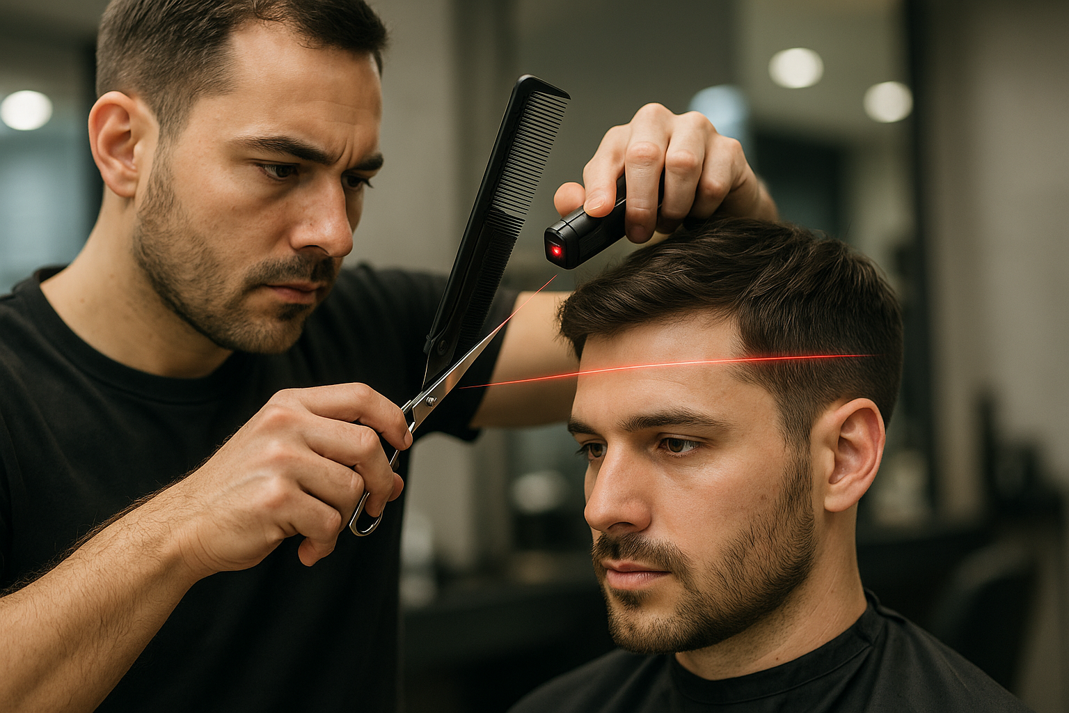 Um barbeiro usa uma ferramenta de nível a laser para garantir uma linha reta do cabelo enquanto apara o cabelo de um cliente masculino com uma tesoura em uma barbearia moderna.