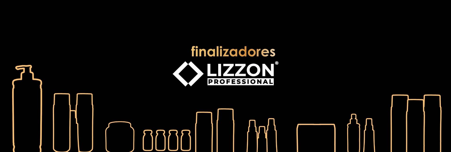 Fundo preto com a palavra finalizadores acima do logotipo da Lizzon Professional no centro. Desenhos de contornos de vários frascos e recipientes, provavelmente para produtos de cabelo ou de beleza, alinham-se na parte inferior da imagem.