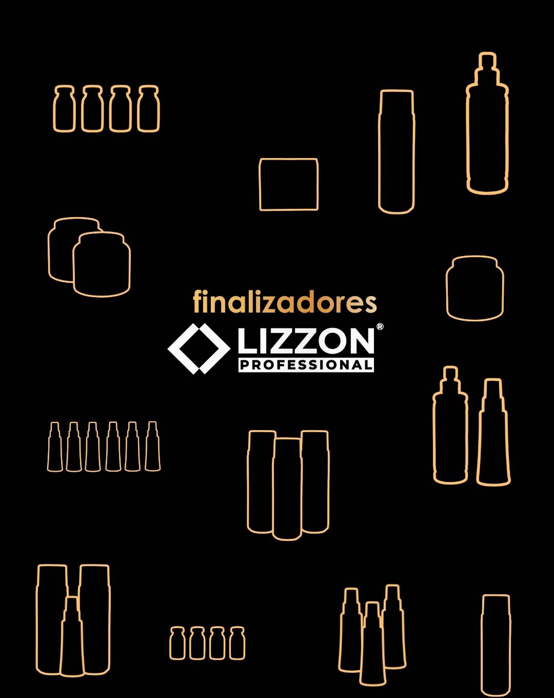 Desenhos de contornos de vários frascos e potes de produtos para cabelo estão dispostos ao redor das palavras finalizadores Lizzon Professional em um fundo preto.