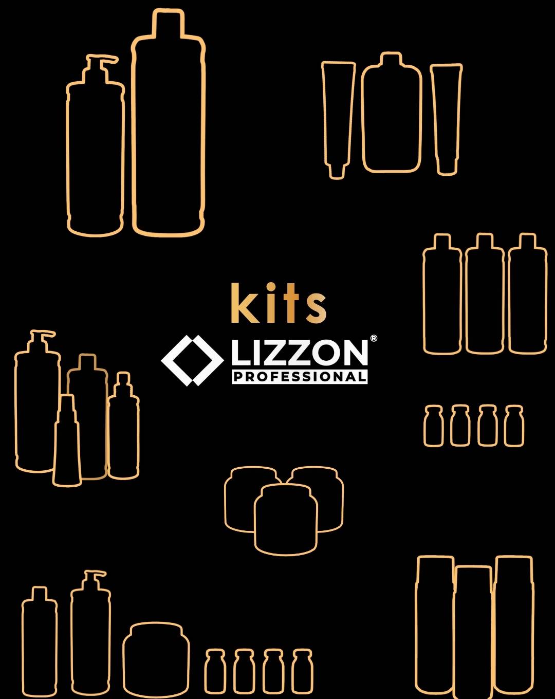 Ilustração de vários frascos e recipientes delineados, incluindo frascos com bomba, potes e tubos, com a palavra kits acima do logotipo da Lizzon Professional em um fundo preto.