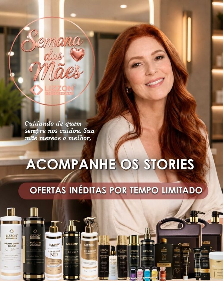 Uma mulher com longos cabelos loiros segura um frasco grande de produto para cabelo da Lizzon Professional. A imagem promove benefícios como brindes exclusivos, frete grátis e até 70% de desconto, com vários produtos Lizzon exibidos na parte inferior.