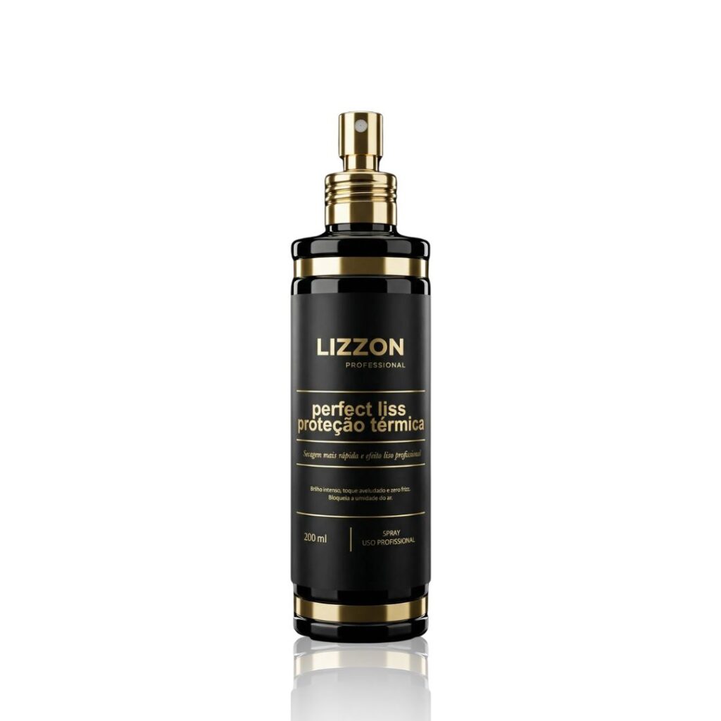 Um frasco de spray preto e dourado com o rótulo Lizzon Profissional Perfect Liss Proteção Térmica está na vertical em um fundo branco. O frasco tem uma tampa de spray com bomba e contém 200 ml de produto.