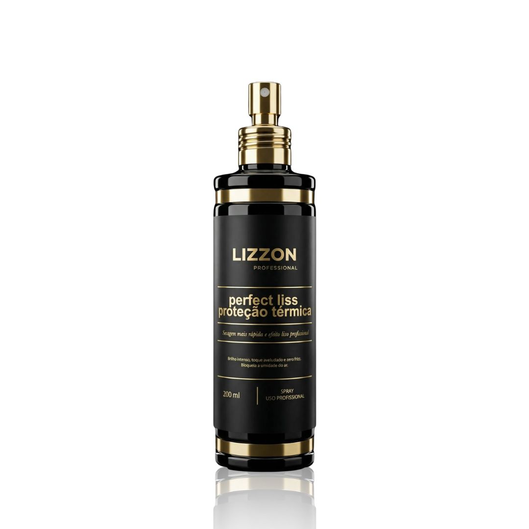 Um frasco de spray preto e dourado com o rótulo Lizzon Profissional Perfect Liss Proteção Térmica está na vertical em um fundo branco. O frasco tem uma tampa de spray com bomba e contém 200 ml de produto.