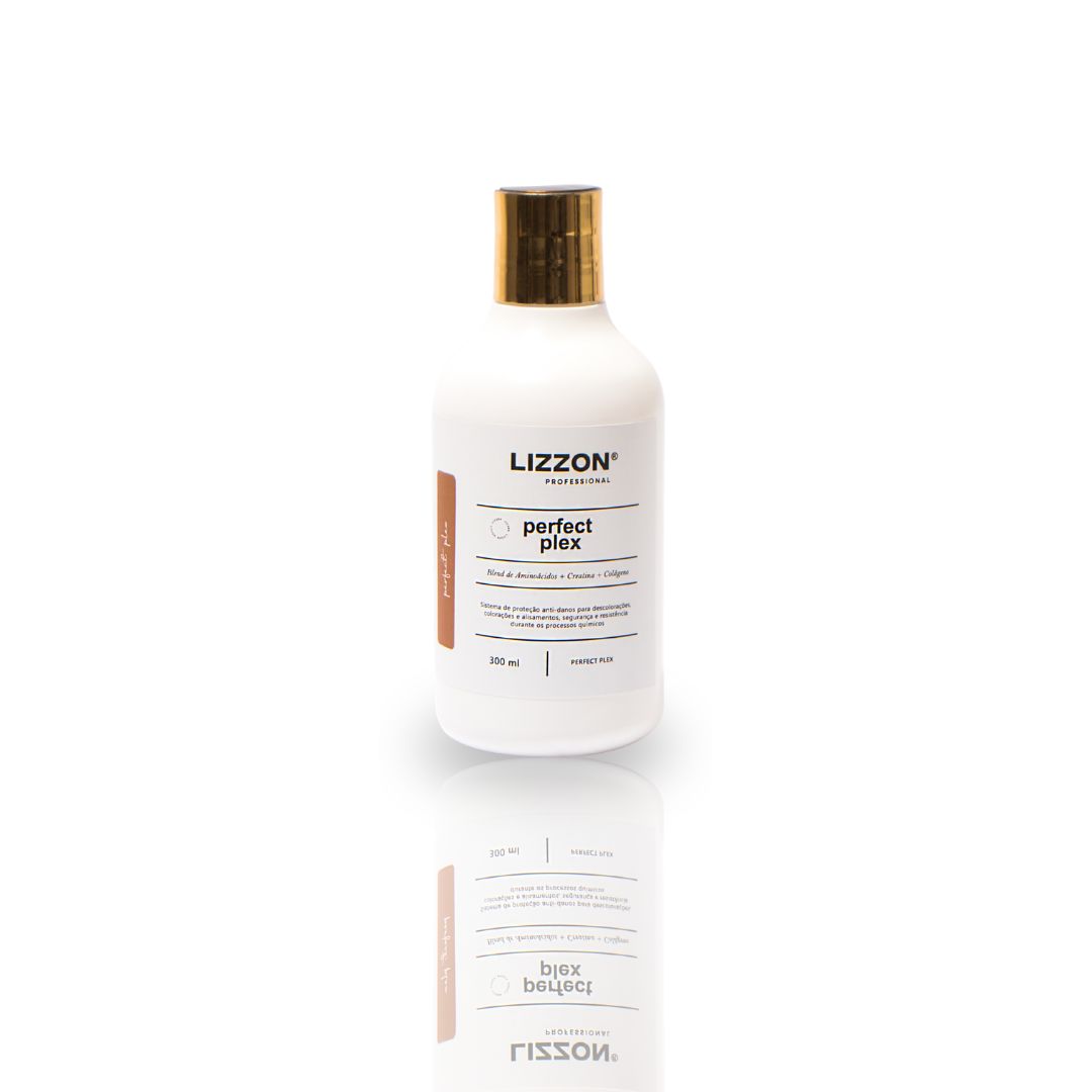 Um frasco branco de Perfect Plex com uma tampa dourada está centralizado em um fundo branco. O rótulo, que mostra os detalhes do produto, está claramente visível e seu reflexo aparece elegantemente abaixo do frasco.