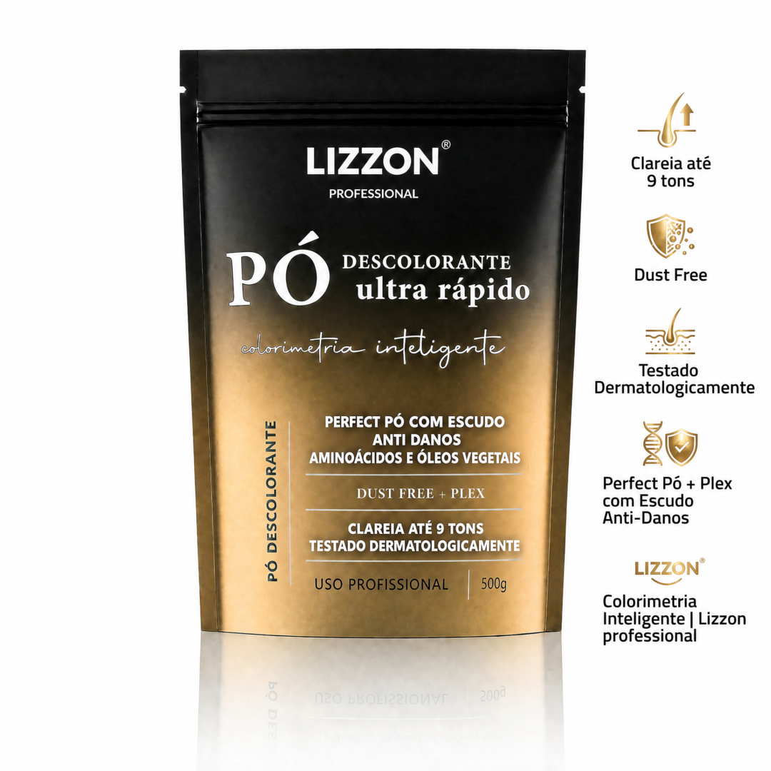Uma bolsa preta e dourada de 500g com o rótulo Lizzon Professional Pó Descolorante Ultra Rápido, com as características do produto listadas em português, incluindo: sem pó, dermatologicamente testado e clareia até 9 tons.