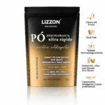 Uma bolsa preta e dourada de 500g com o rótulo Lizzon Professional Pó Descolorante Ultra Rápido, com as características do produto listadas em português, incluindo: sem pó, dermatologicamente testado e clareia até 9 tons.