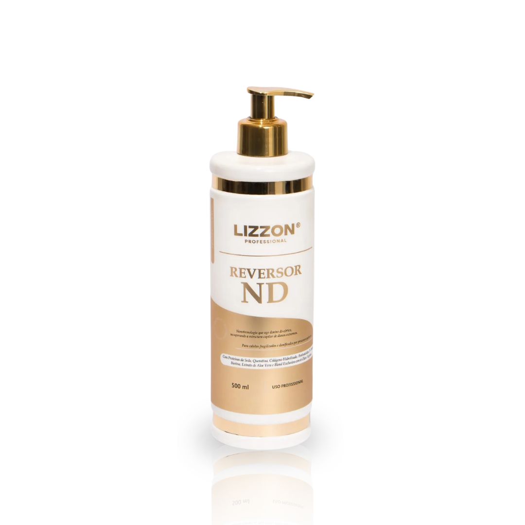 Um frasco branco e dourado com o rótulo Lizzon Professional Reversor ND, contendo 500 ml. O frasco tem um dispensador de bomba dourado e detalhes dourados no rótulo e na tampa.