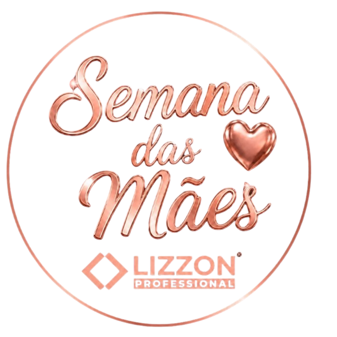 Logotipo circular com o texto "Semana das Mães" em fonte metálica rose gold e um símbolo de coração, acima da marca e do logotipo "LIZZON PROFESSIONAL" em laranja. Fundo branco.