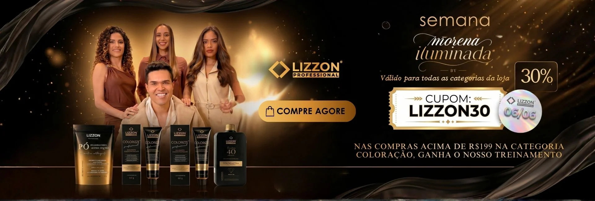 Banner com a frase mês do profissional apresentando uma variedade de produtos profissionais para cabelos da Lizzon, uma mulher segurando um produto e ofertas como sorteios exclusivos, frete grátis e até 70% de desconto no site.