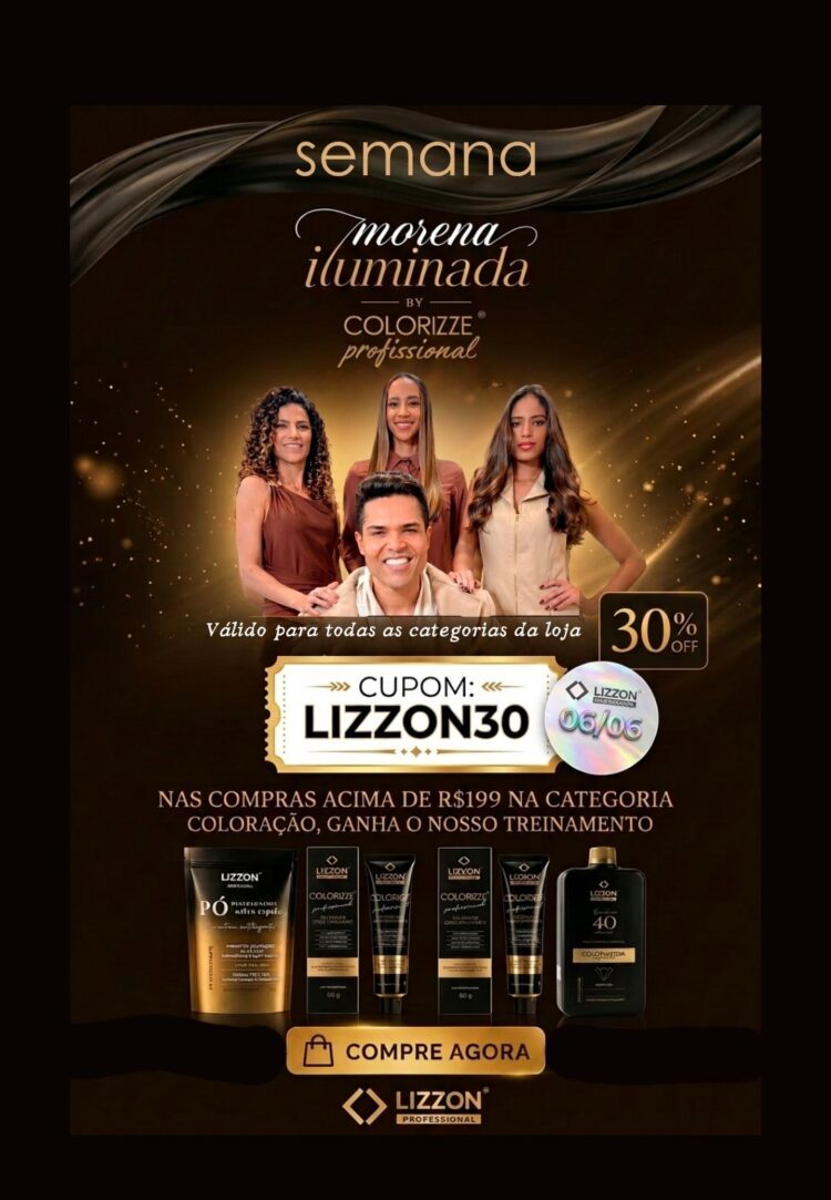 Uma mulher com longos cabelos loiros segura um frasco grande de produto para cabelo da Lizzon Professional. A imagem promove benefícios como brindes exclusivos, frete grátis e até 70% de desconto, com vários produtos Lizzon exibidos na parte inferior.