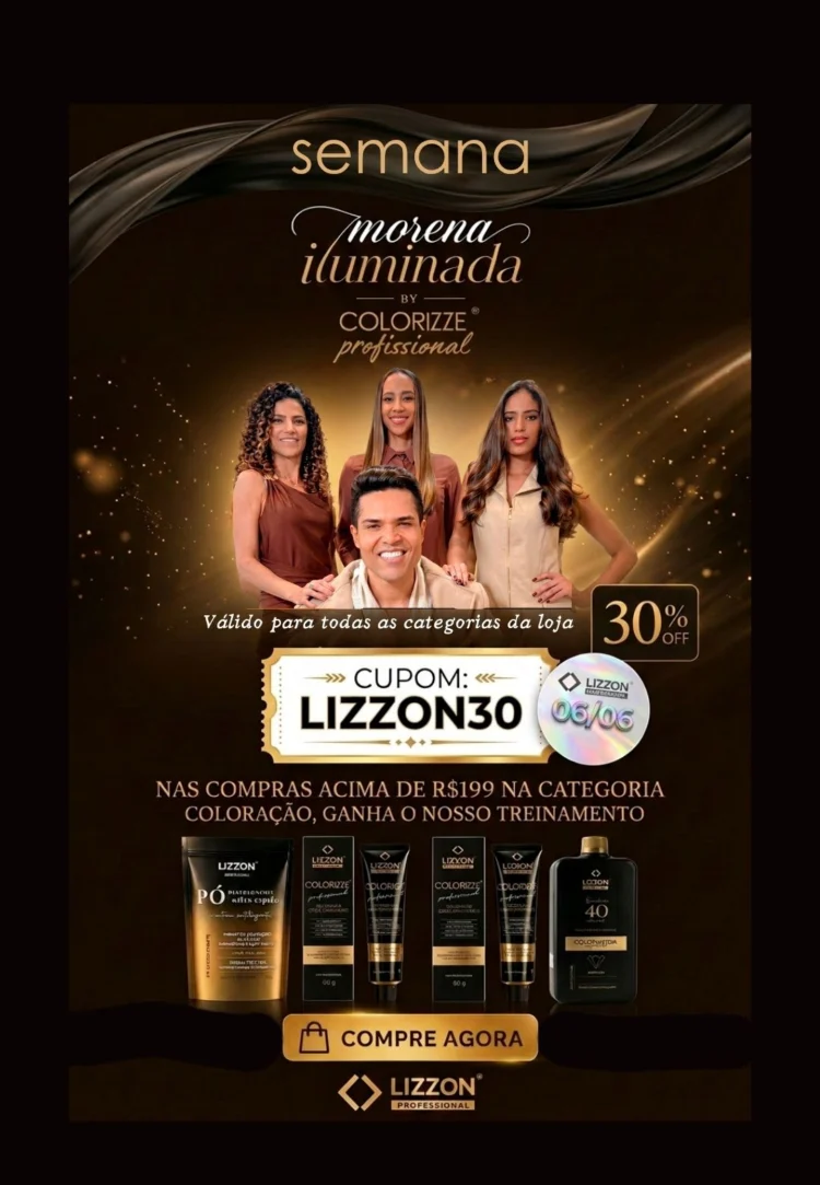 Uma mulher com longos cabelos loiros segura um frasco grande de produto para cabelo da Lizzon Professional. A imagem promove benefícios como brindes exclusivos, frete grátis e até 70% de desconto, com vários produtos Lizzon exibidos na parte inferior.