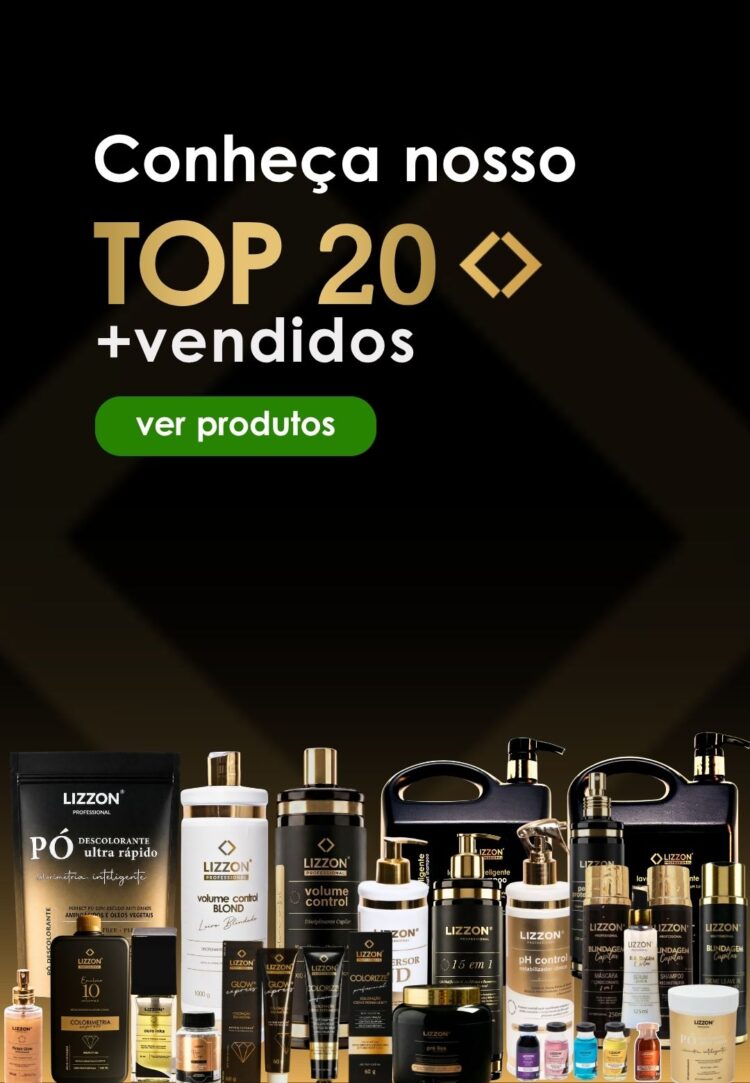 Uma mulher com longos cabelos loiros segura um frasco grande de produto para cabelo da Lizzon Professional. A imagem promove benefícios como brindes exclusivos, frete grátis e até 70% de desconto, com vários produtos Lizzon exibidos na parte inferior.