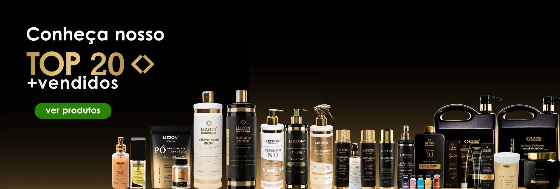 Banner com a frase mês do profissional apresentando uma variedade de produtos profissionais para cabelos da Lizzon, uma mulher segurando um produto e ofertas como sorteios exclusivos, frete grátis e até 70% de desconto no site.