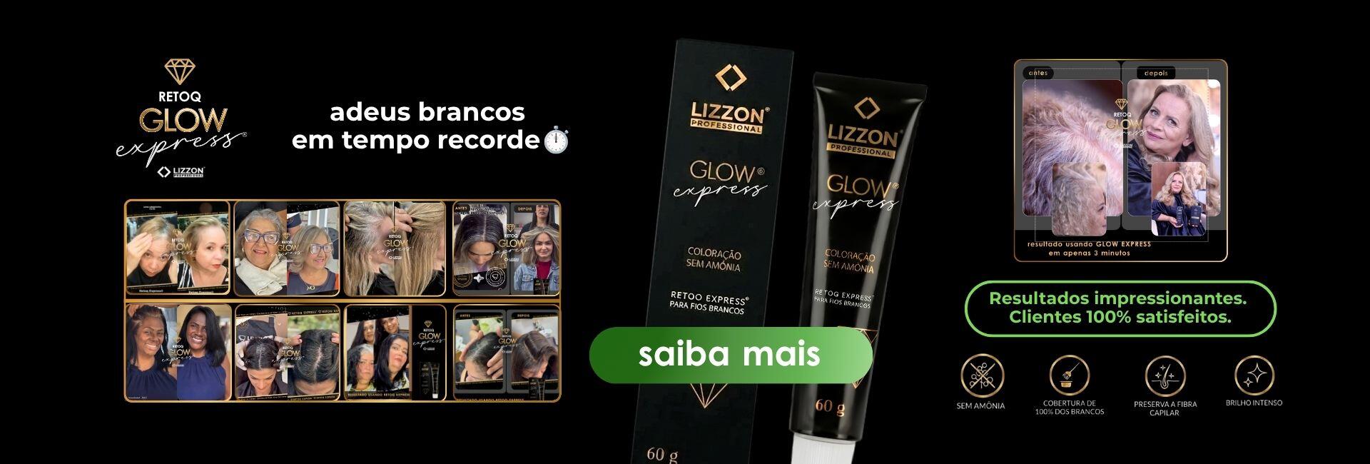 Propaganda dos produtos de coloração capilar Lizzon Retoq Glow Express, mostrando tubos de produtos e um frasco, com imagens de mulheres com cabelos grisalhos e uma escala de cores de 1,0 a 10,0. O texto incentiva os usuários a saber mais.