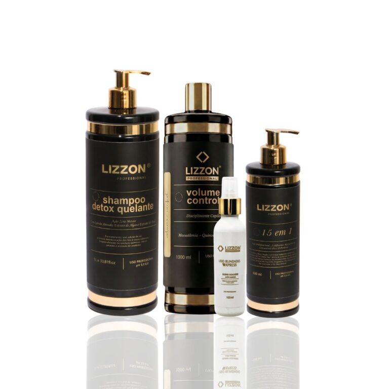 Quatro produtos de cuidados com o cabelo da Lizzon Professional são exibidos na vertical em um fundo branco. Os frascos são pretos com detalhes dourados, e cada um tem um rótulo e um tamanho diferentes.