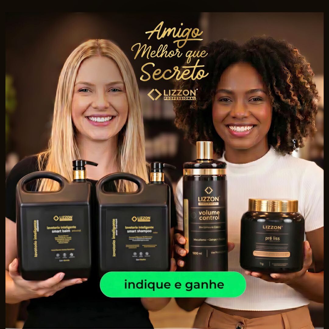 Duas mulheres estão lado a lado; uma segura uma caixa da Lizzon Professional, a outra segura dois frascos de produtos para cabelo da Lizzon Professional. O texto promove o fato de se tornar um revendedor oficial com até 70% de lucratividade.