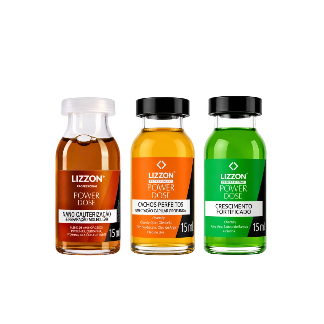Três frascos de 15 ml do Power Dose Umectação estão expostos lado a lado, contendo líquidos nas cores âmbar, amarelo-alaranjado e verde. Cada frasco possui um rótulo exclusivo em português.