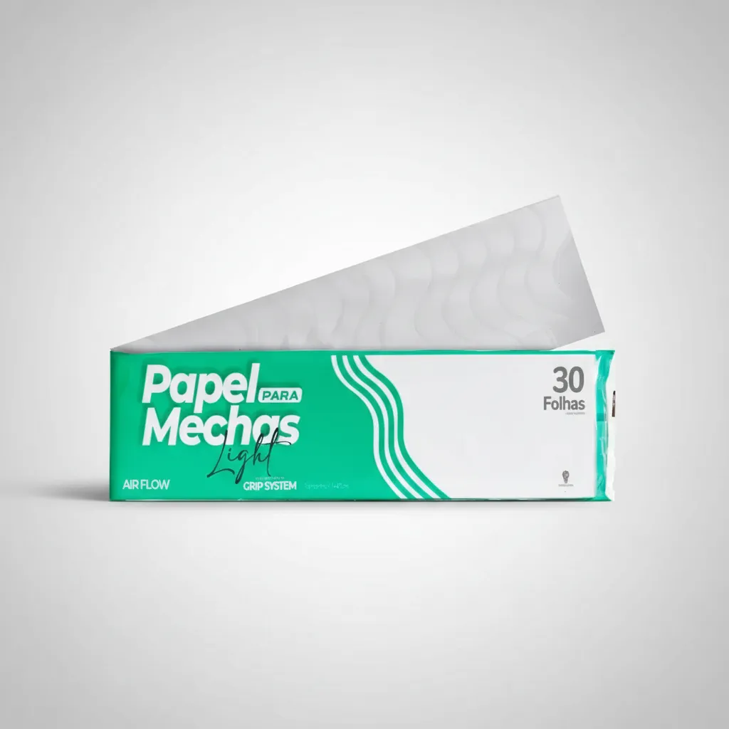 Uma caixa de Papel para Mechas e Luzes 11x47 cm Padrão, com 30 folhas, está exposta com a tampa parcialmente aberta, revelando as folhas brancas em seu interior. A embalagem apresenta as cores verde e branco, com texto e desenhos de ondas.