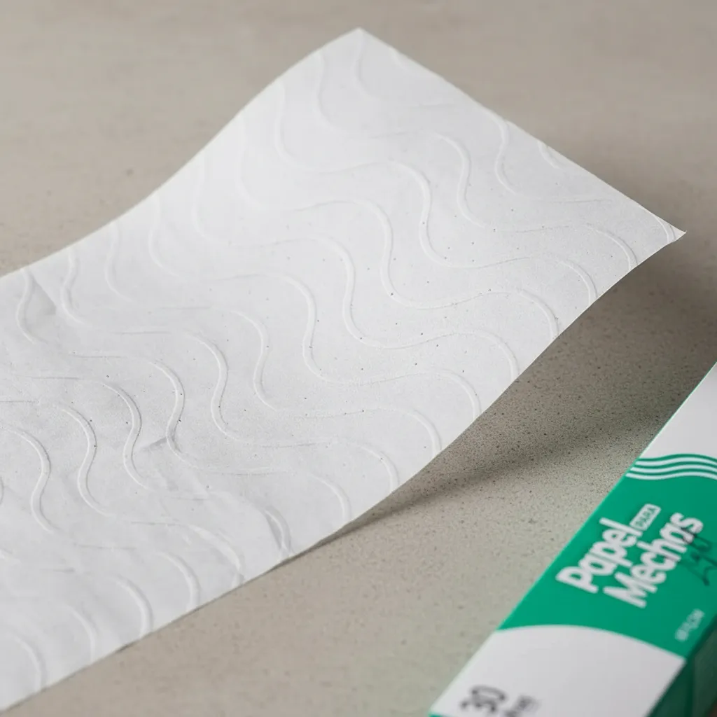 Uma única folha do pacote “Papel Para Mechas Luzes 11x47cm Standard 30 Folhas”, com um padrão ondulado em relevo, repousa sobre uma superfície cinza-clara. Parte da embalagem verde e branca com a etiqueta “Papel Para Mechas” é visível no canto inferior direito.