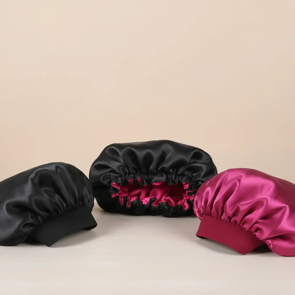 Três gorros de cetim da TOUCA DE CETIM DUPLA FACE BIG, nas cores preta e rosa escuro, estão dispostos sobre uma superfície clara com fundo neutro. Os gorros apresentam bordas franzidas e um tecido brilhante e liso.