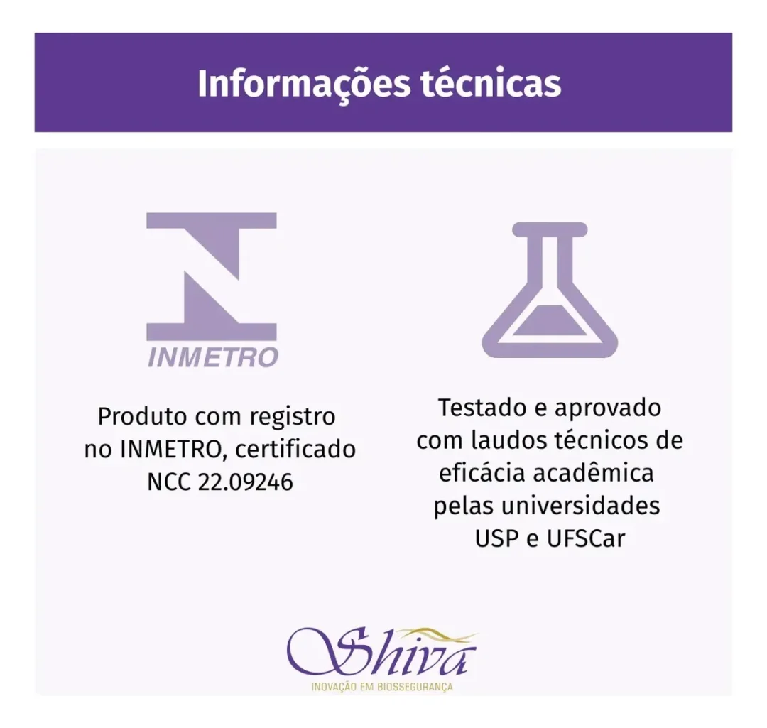 Imagem com informações técnicas: Logotipo do INMETRO com o texto “Produto com registro no INMETRO, certificado NCC 22.09246” e ícone de frasco de laboratório com o texto “Testado e aprovado com laudos técnicos da USP e da UFSCar para o Higienizador de Escovas Shiva Care Preto 220 V”. Logotipo da Shiva na parte inferior.