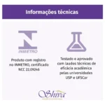 Imagem com informações técnicas: Logotipo do INMETRO com o texto “Produto com registro no INMETRO, certificado NCC 22.09246” e ícone de frasco de laboratório com o texto “Testado e aprovado com laudos técnicos da USP e da UFSCar para o Higienizador de Escovas Shiva Care Preto 220 V”. Logotipo da Shiva na parte inferior.