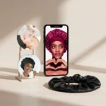 Uma TOUCA DE CETIM DUPLA FACE BIG aparece na tela de um celular, que exibe a imagem de uma mulher com um gorro de cetim marrom-avermelhado fazendo um gesto de coração. Ao lado, um espelho de pé reflete duas mulheres usando gorros, enquanto um gorro de cetim preto repousa sobre uma superfície clara.