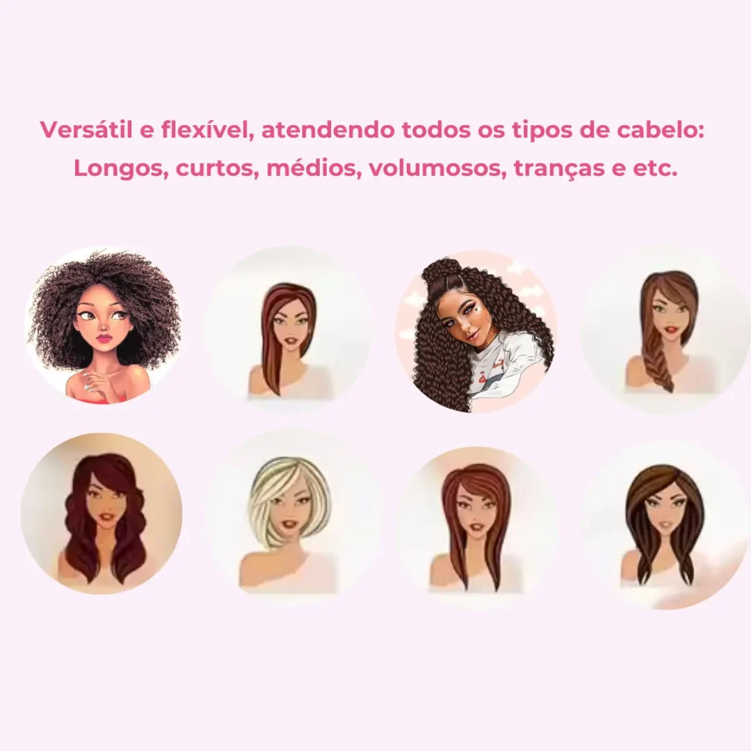 Abaixo, sete mulheres ilustradas com diversos penteados e tipos de cabelo aparecem ao lado de um texto em português que destaca a versatilidade da TOUCA DE CETIM DUPLA FACE BIG, adequada para todos os tipos de cabelo — incluindo cabelos longos, curtos, médios, volumosos e trançados.