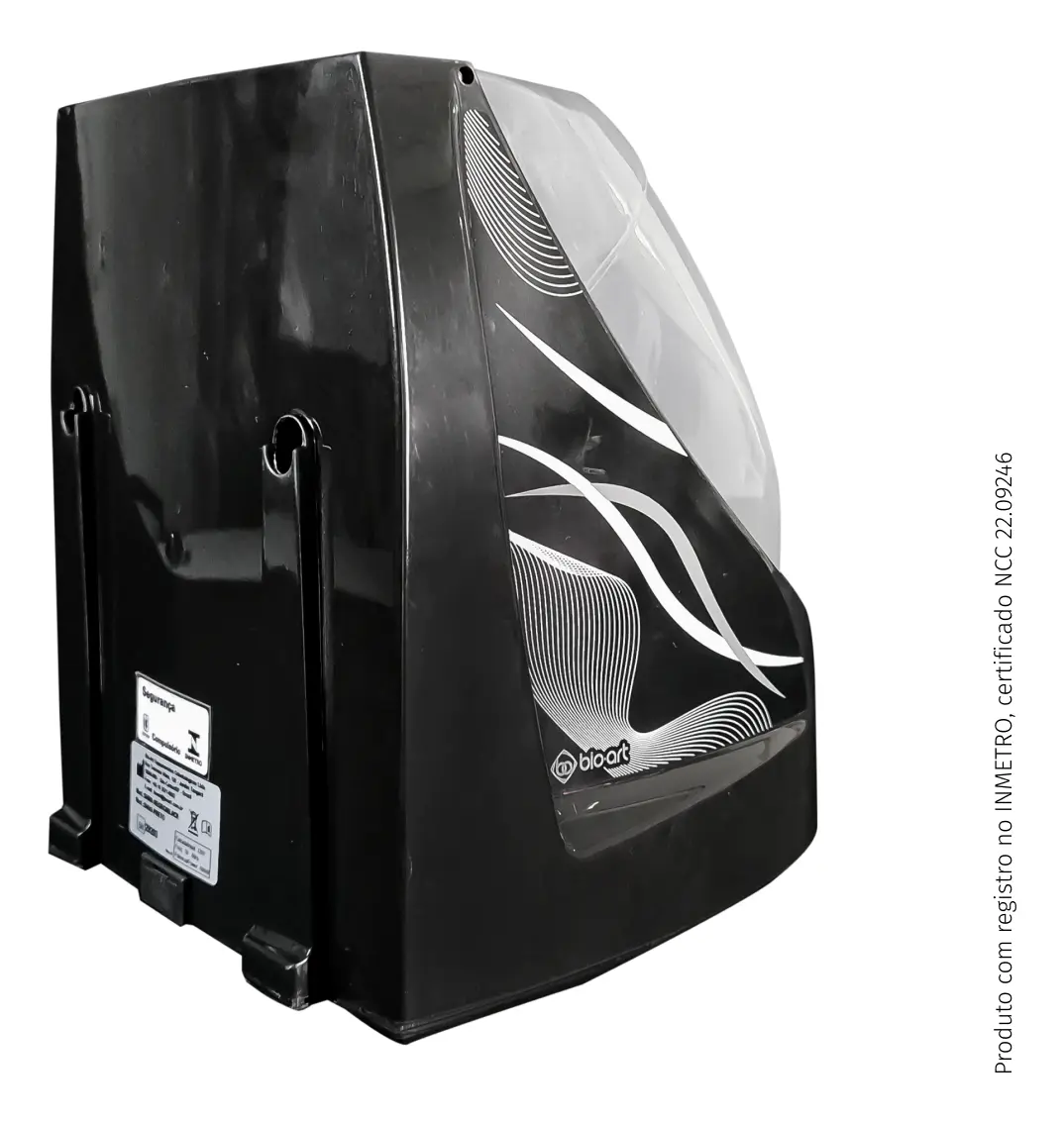 Um “Higienizador de Escovas Shiva Care Preto 220 V” preto, com linhas decorativas brancas e informações técnicas impressas na lateral. A tampa frontal, parcialmente transparente, revela parte do interior, e há um texto em português ao longo da borda direita.