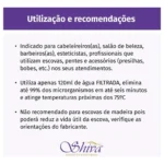 Infográfico em português com recomendações de uso para o Higienizador de Escovas Shiva Care Preto 220 V. Os destaques incluem o uso de água filtrada, o cumprimento das orientações de temperatura e advertências contra o uso de escovas de madeira. O design apresenta um fundo roxo e branco com o logotipo da Shiva na parte inferior.