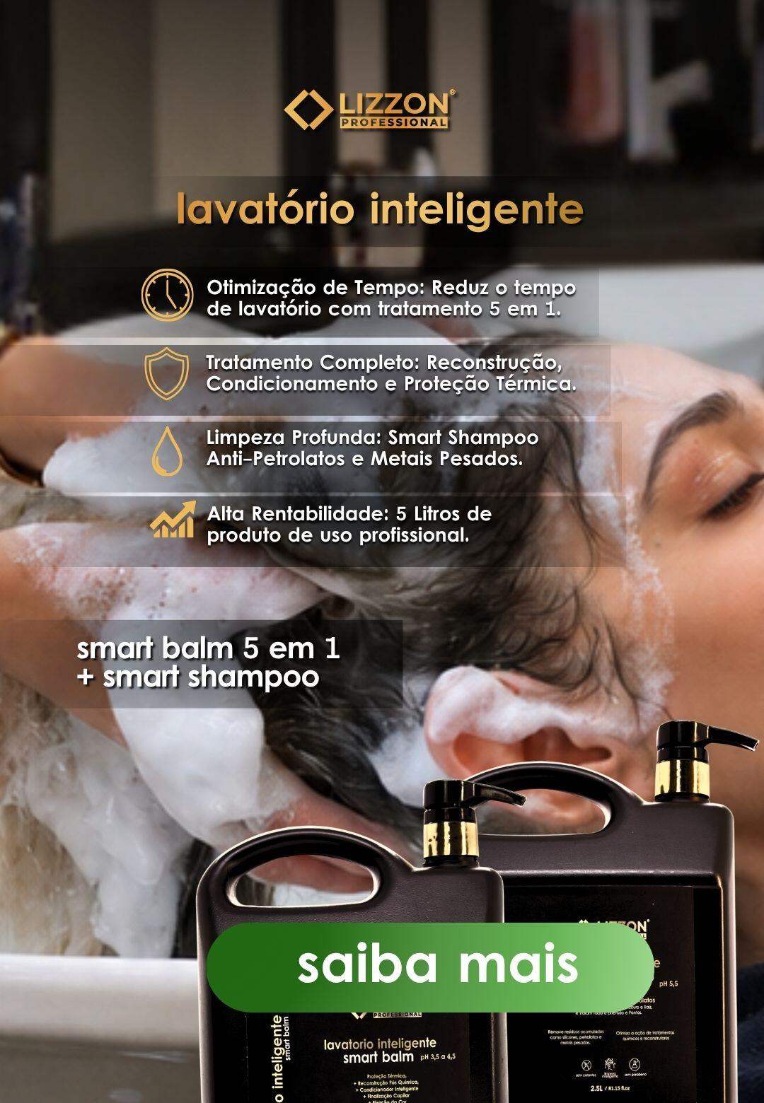 Dois frascos pretos de produtos para cabelo "lavatório inteligente" da Lizzon Professional são mostrados em um fundo preto. Os marcadores listam os benefícios do produto em português. Um botão verde na parte inferior diz "saiba mais.".